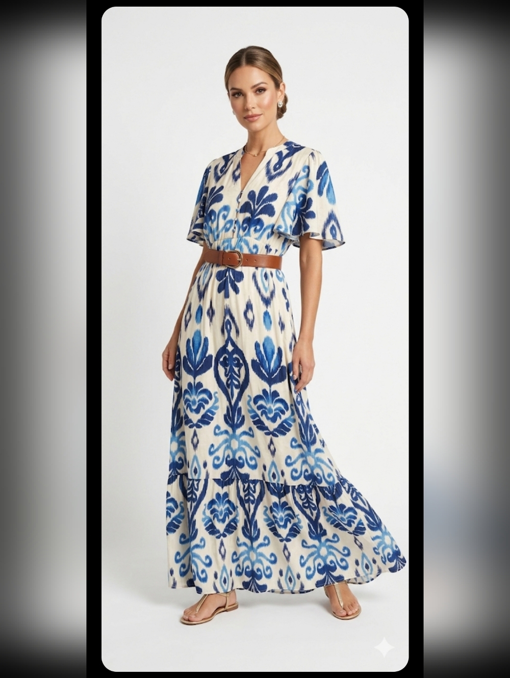 Elegant Blue and White Patterned Maxi Dress Size L.